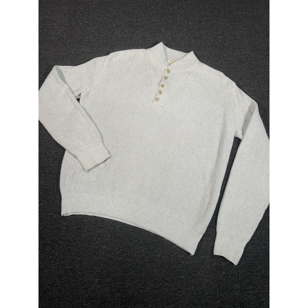 Vintage LL Bean Sweater Men Large Long Gray Chunky Knit Commando Henley USA Made